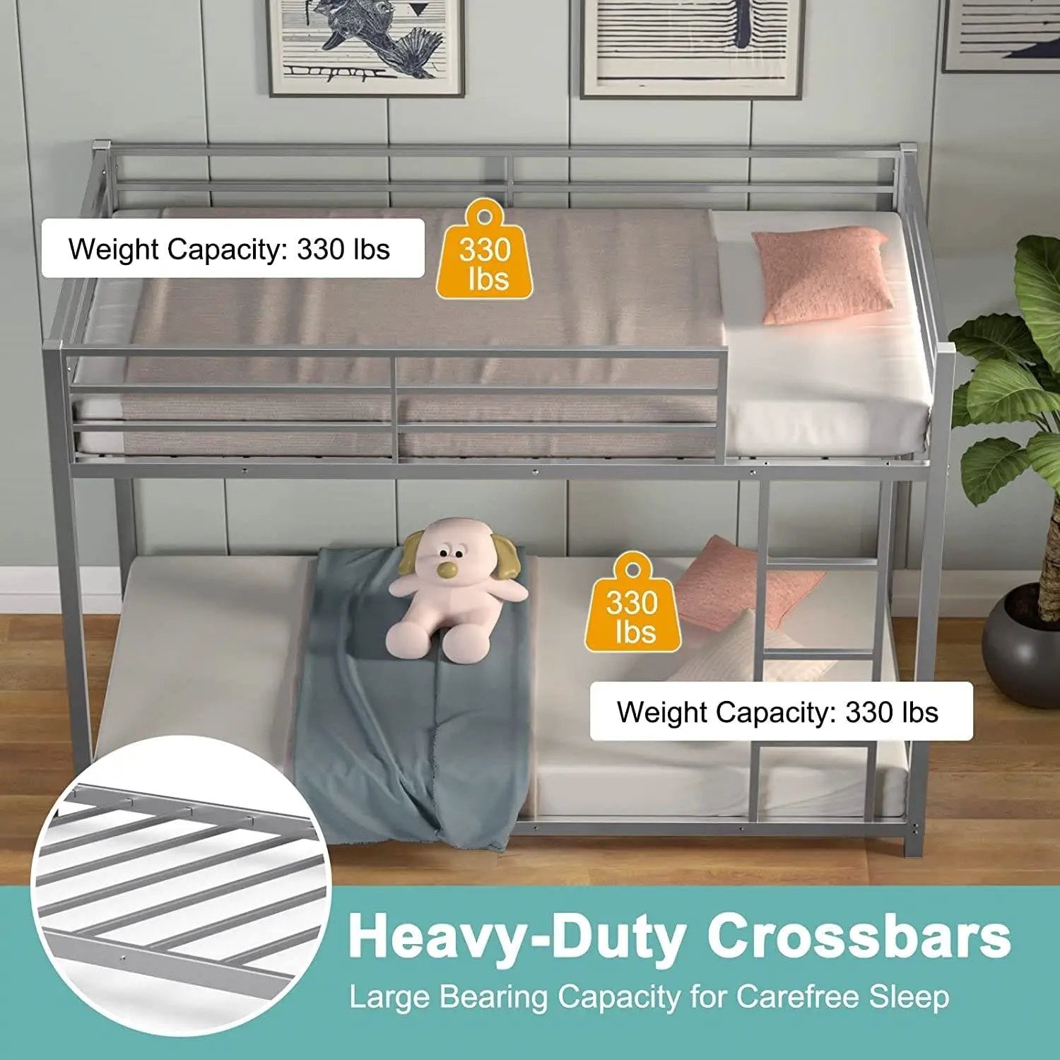 Twin over Twin Low Profile Modern Bunk Bed in Silver Metal Finish by HomePacific