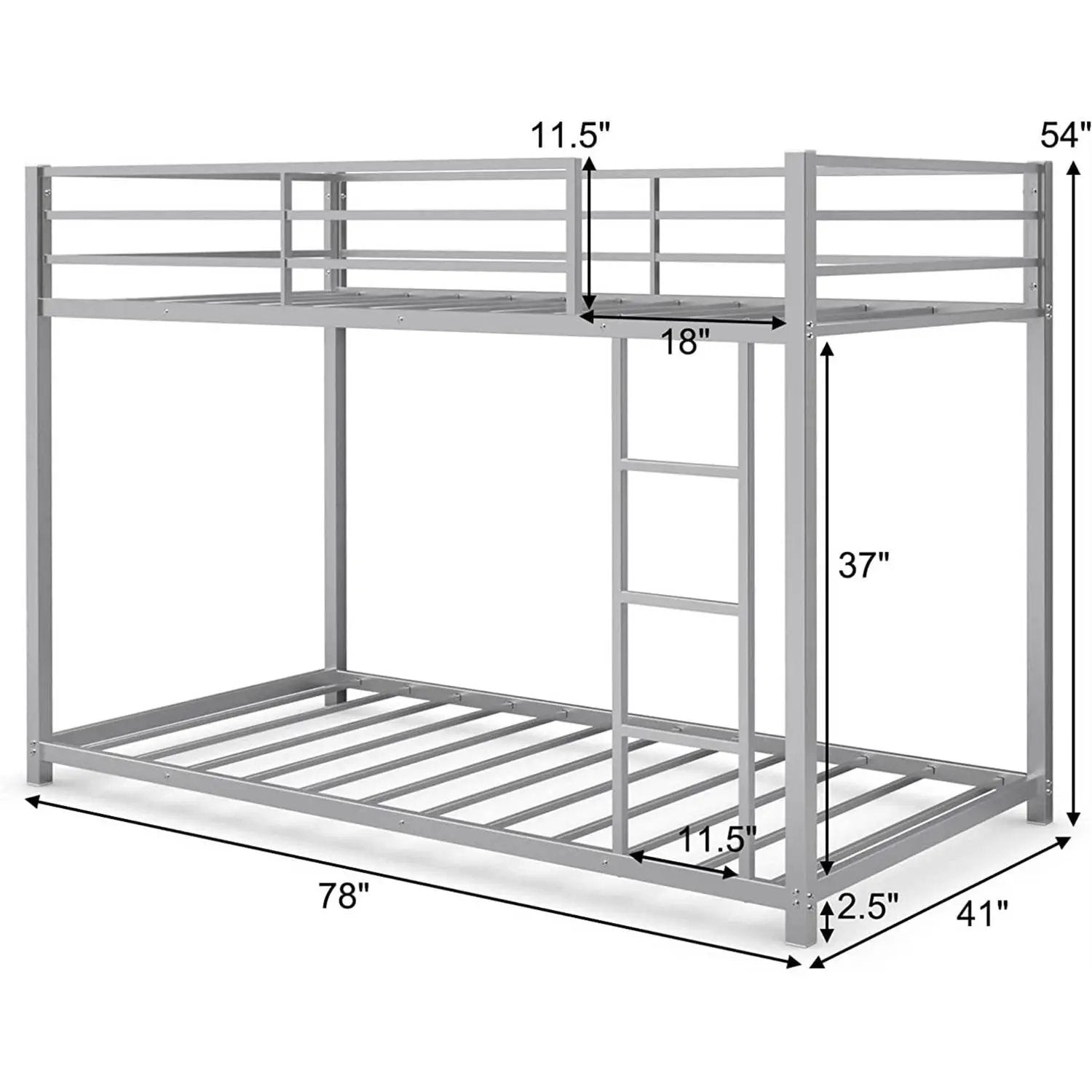Twin over Twin Low Profile Modern Bunk Bed in Silver Metal Finish by HomePacific