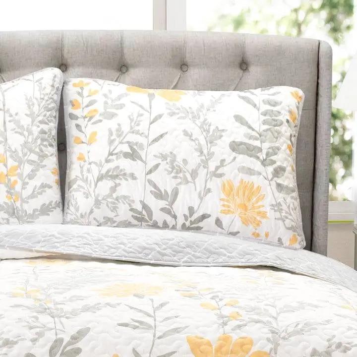 King size Yellow Grey Floral Light Thin Cotton Polyester Blend Quilt Set by HomePacific
