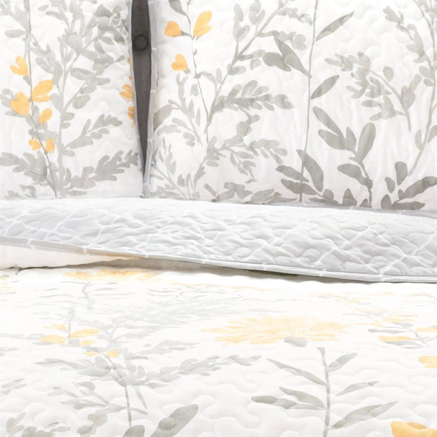 King size Yellow Grey Floral Light Thin Cotton Polyester Blend Quilt Set by HomePacific