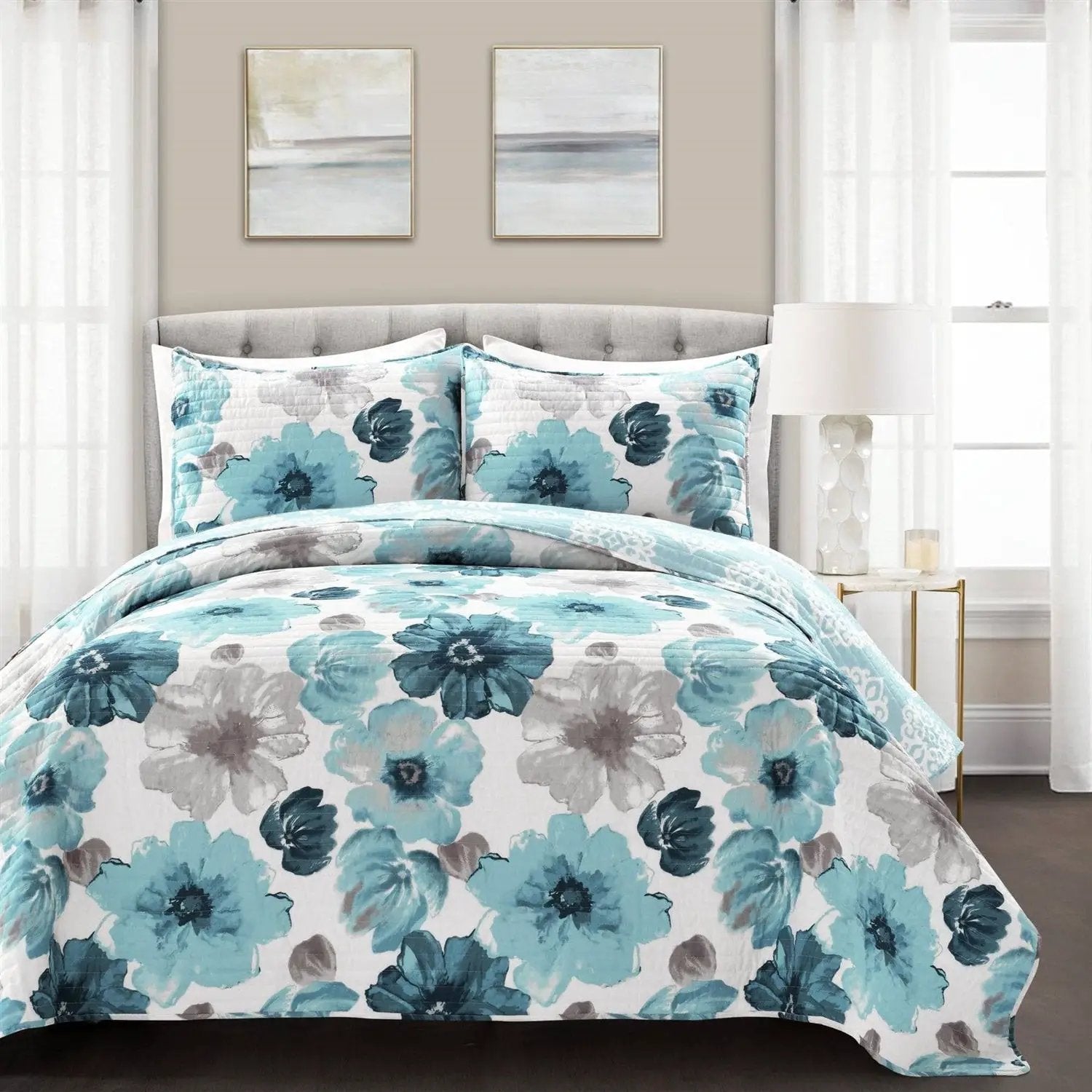 King size Blue Grey Flowers Lightweight Polyester Microfiber Quilt Set by HomePacific