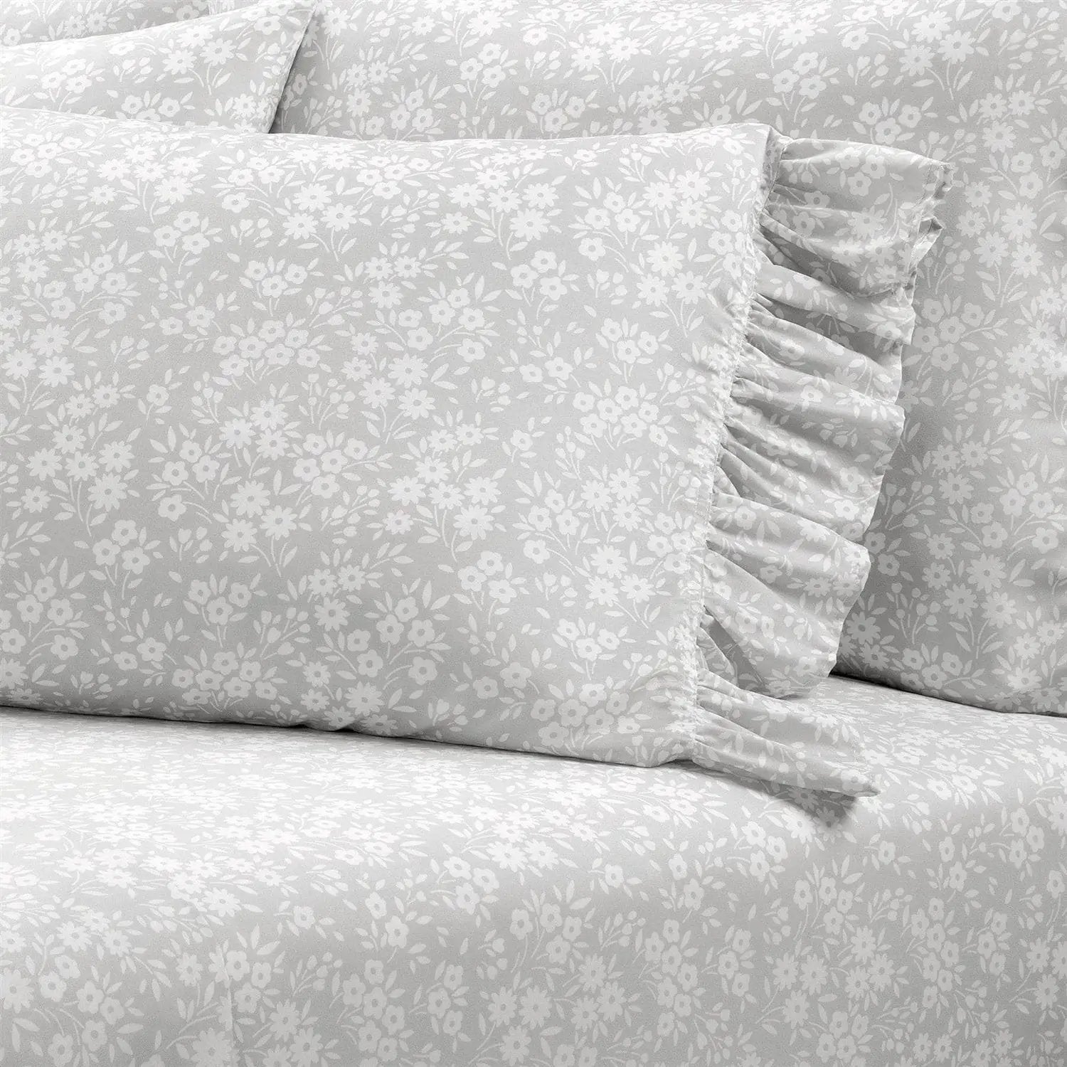 King size Grey Ruffle Floral Polyester 6 Piece Sheet Set by HomePacific