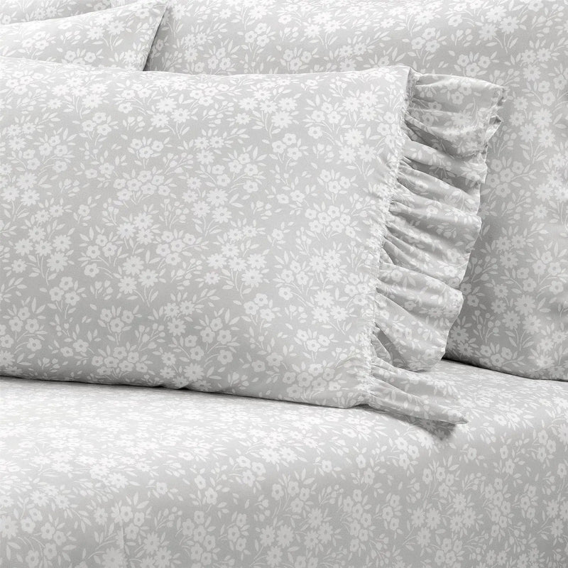 King size Grey Ruffle Floral Polyester 6 Piece Sheet Set by HomePacific