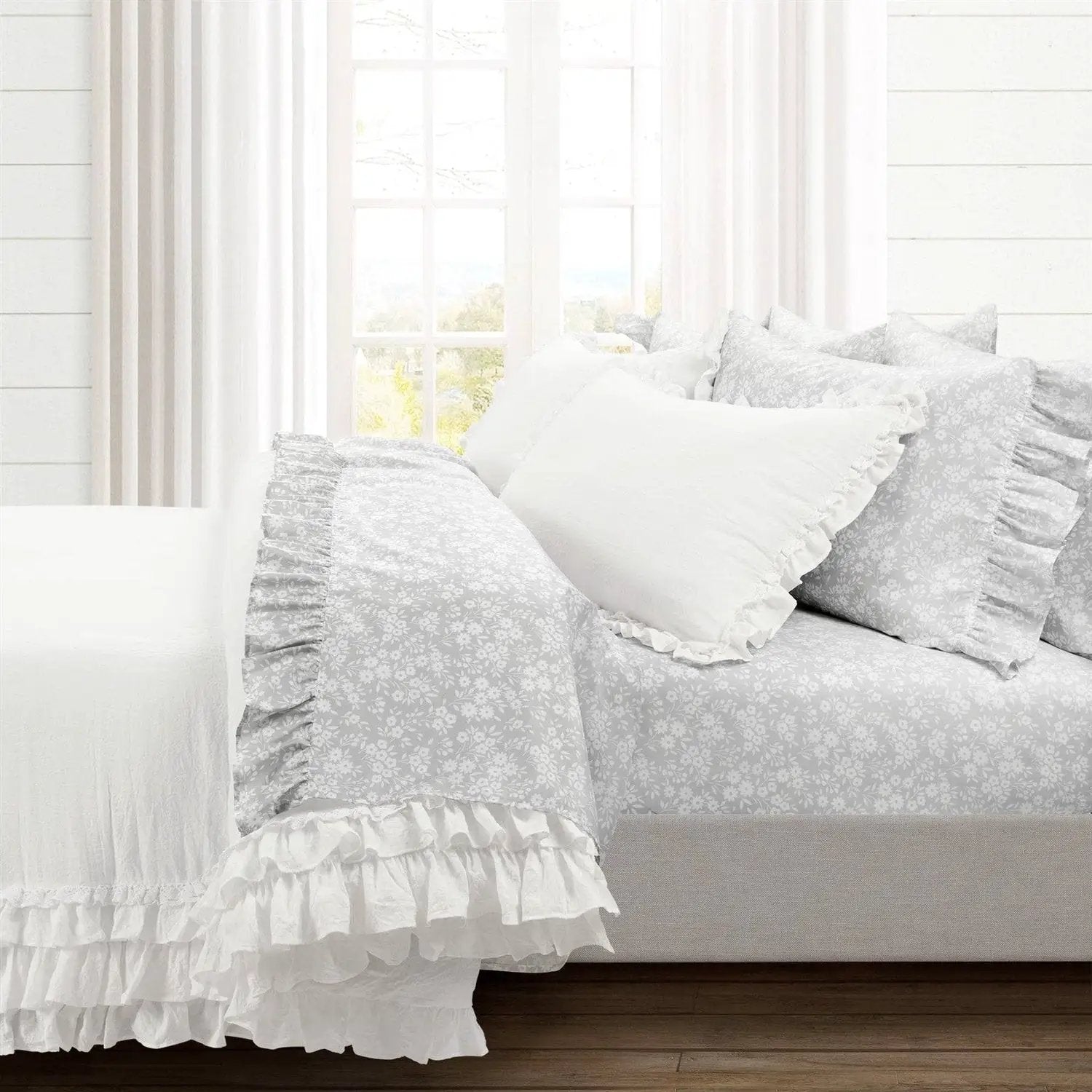 King size Grey Ruffle Floral Polyester 6 Piece Sheet Set by HomePacific