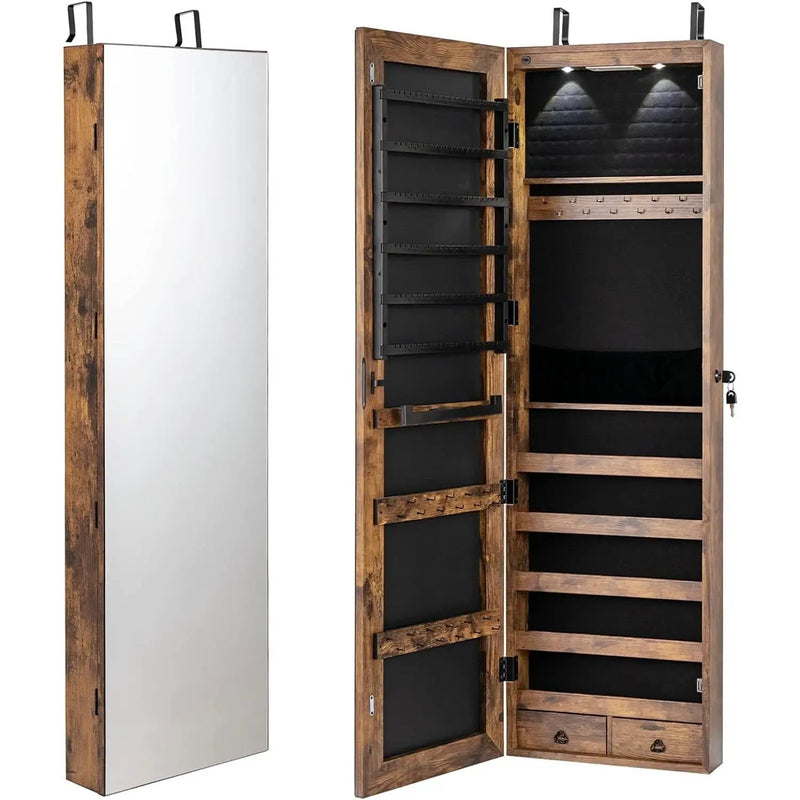 2-in-1 Door/Wall Mounted Jewelry Armoire Full Length Mirror in Brown Wood Finish by HomePacific