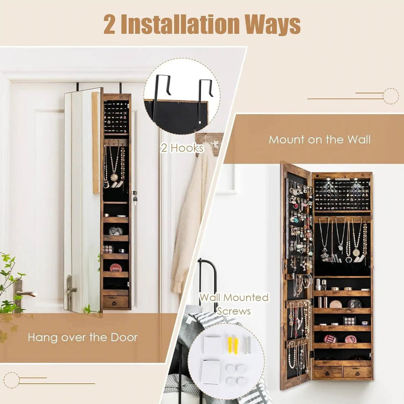 2-in-1 Door/Wall Mounted Jewelry Armoire Full Length Mirror in Brown Wood Finish by HomePacific