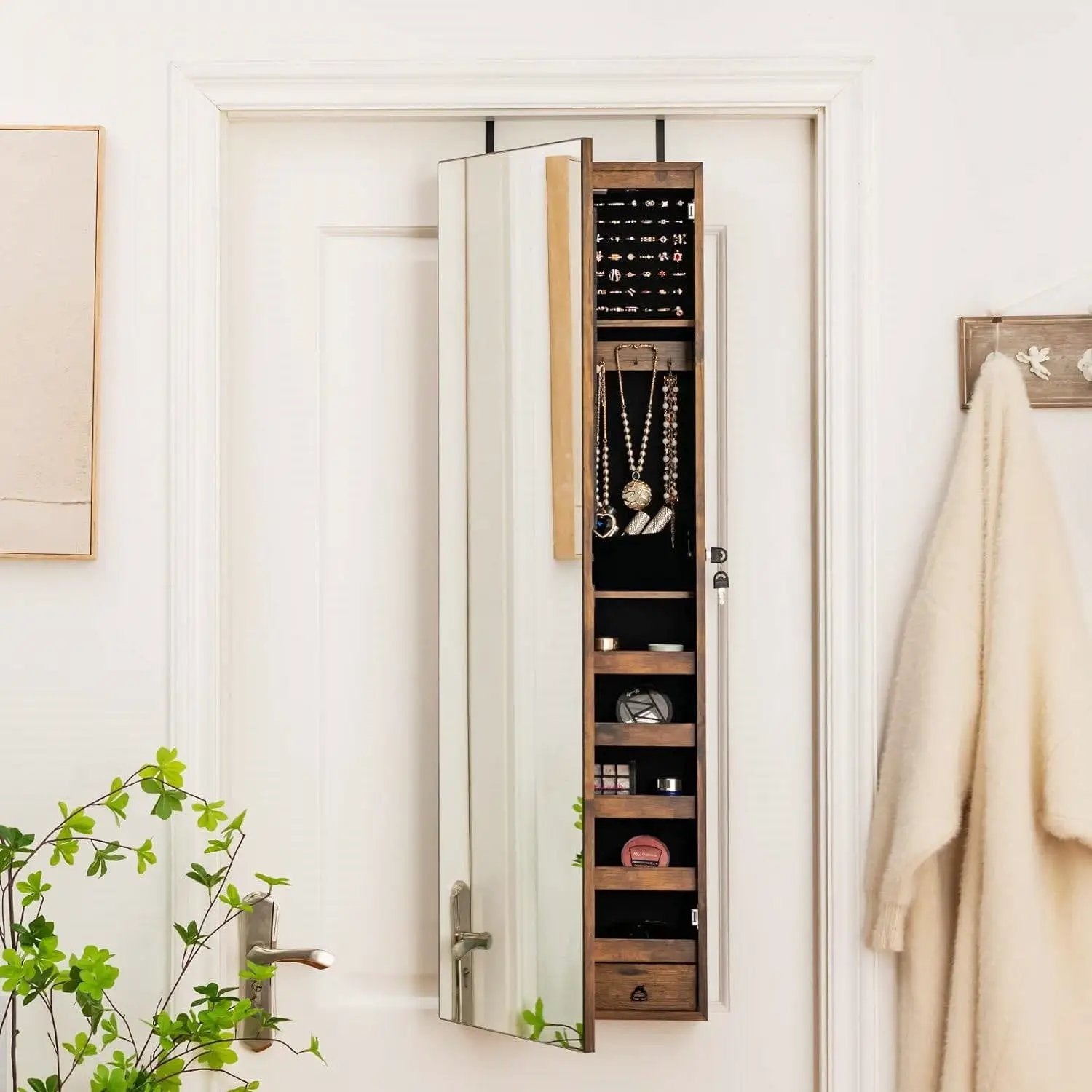 2-in-1 Door/Wall Mounted Jewelry Armoire Full Length Mirror in Brown Wood Finish by HomePacific