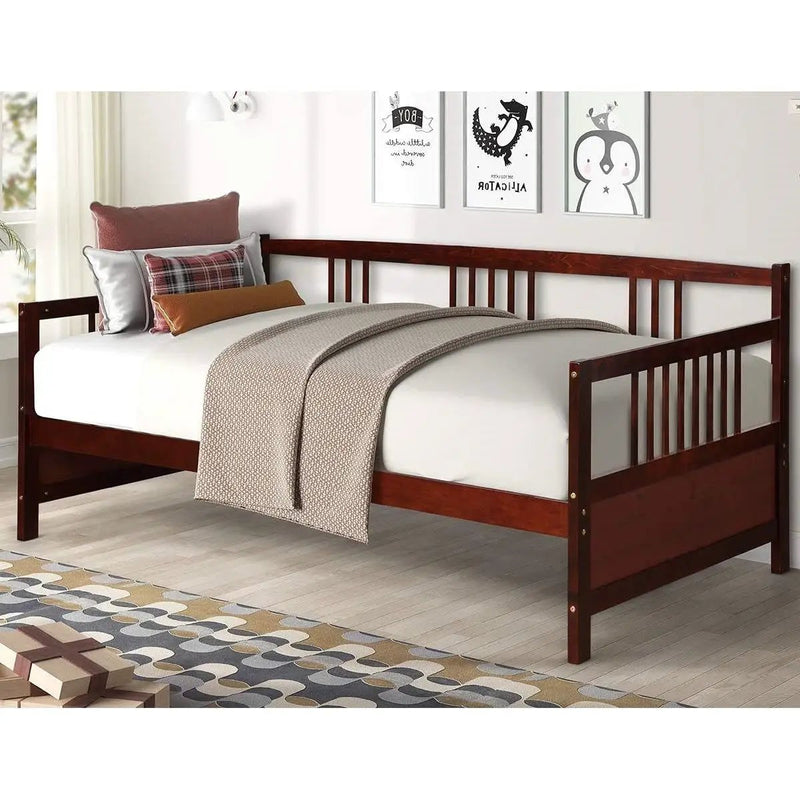 Twin size 2-in-1 Wood Daybed Frame Sofa Bed in Brown Cherry Finish by HomePacific