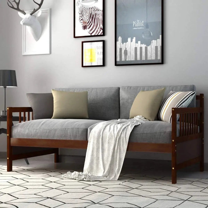 Twin size 2-in-1 Wood Daybed Frame Sofa Bed in Brown Cherry Finish by HomePacific