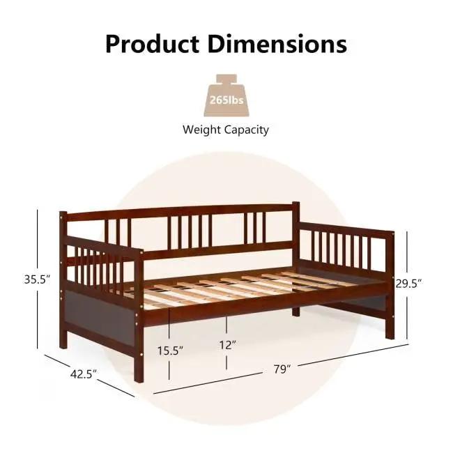 Twin size 2-in-1 Wood Daybed Frame Sofa Bed in Brown Cherry Finish by HomePacific
