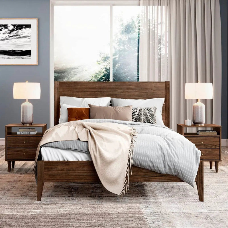 Queen Size Rustic Walnut Mid Century Slatted Platform Bed by HomePacific