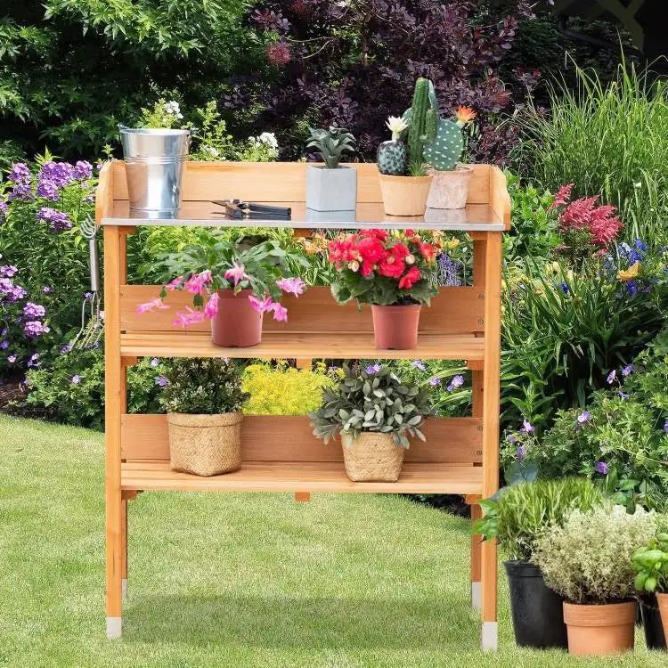 Solid Wood Outdoor Garden Bench Table with Bottom Storage Shelves and Metal Top by HomePacific