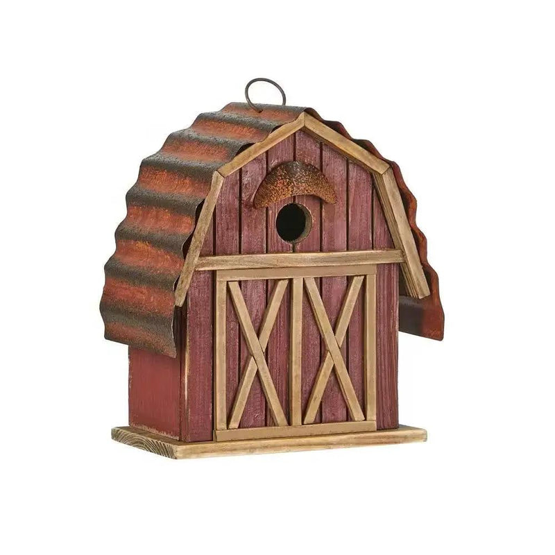 Outdoor Red Wood and Metal Barn Style Hanging Bird House by HomePacific