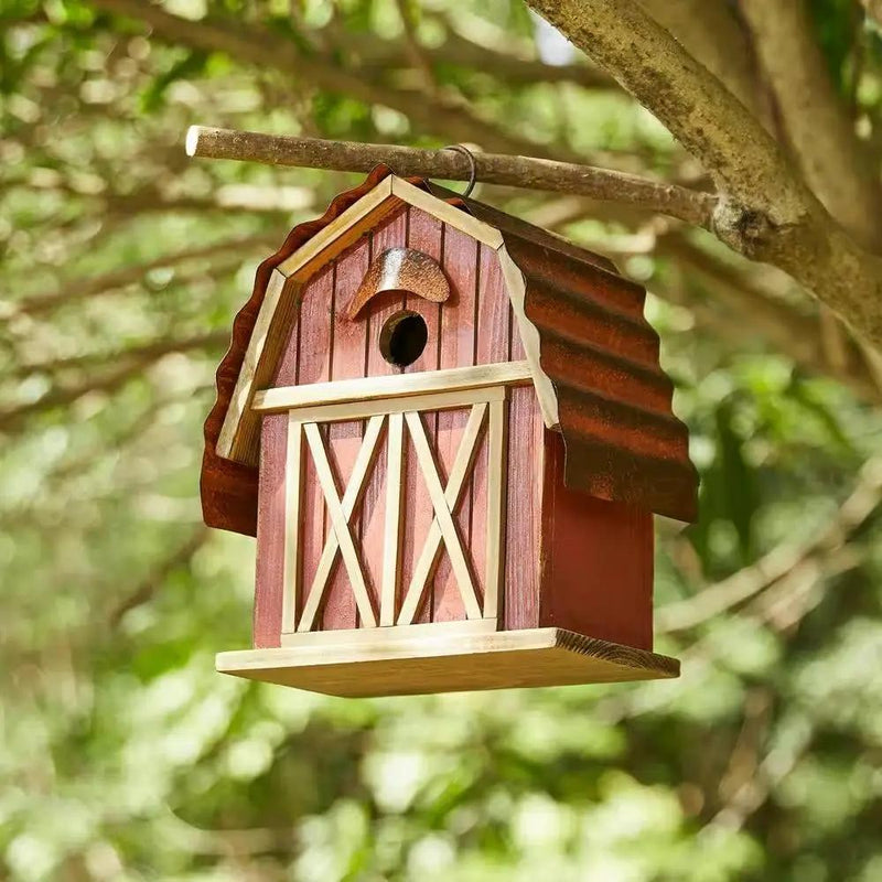 Outdoor Red Wood and Metal Barn Style Hanging Bird House by HomePacific