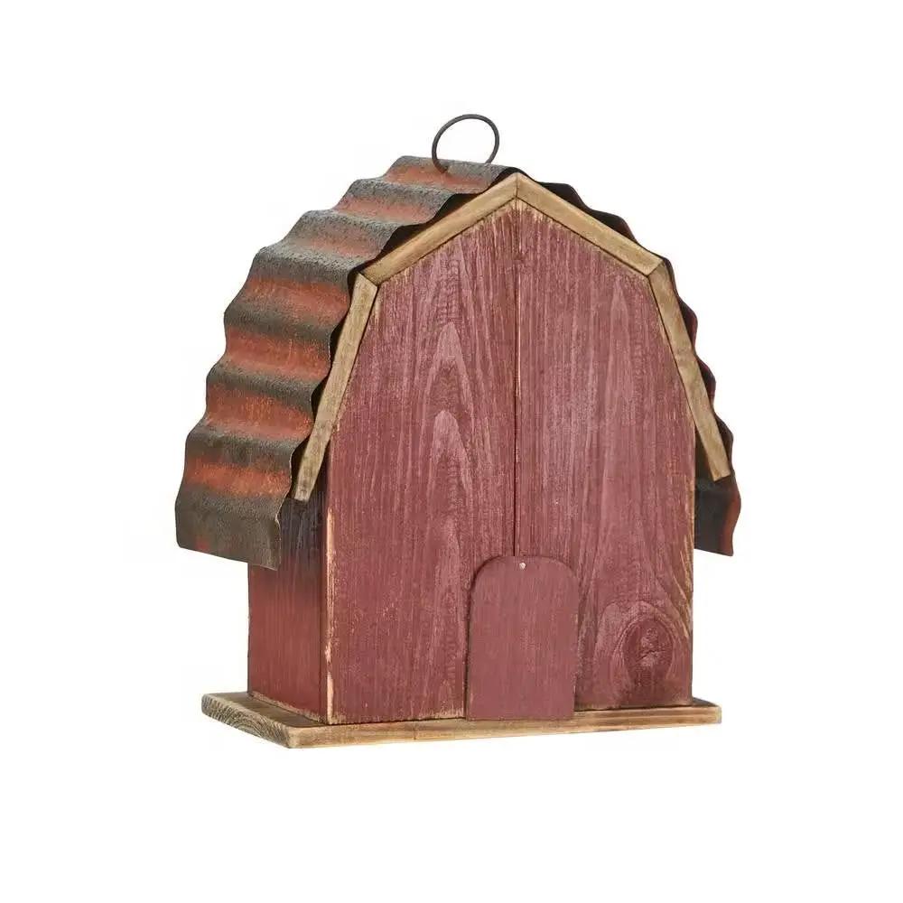 Outdoor Red Wood and Metal Barn Style Hanging Bird House by HomePacific