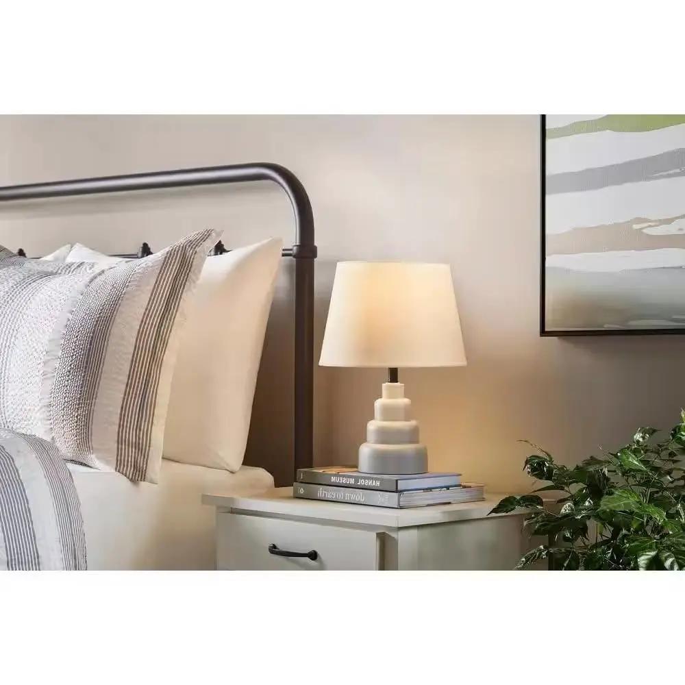 Small Grey Desk Light Table Lamp with White Fabric Shade for Bedside Nightstand by HomePacific