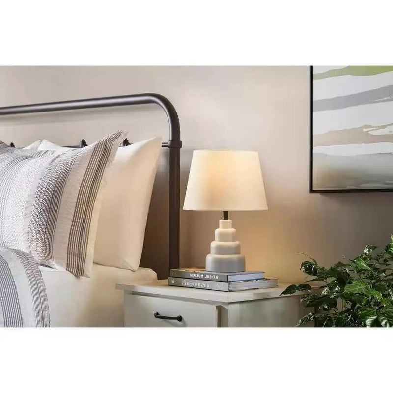 Small Grey Desk Light Table Lamp with White Fabric Shade for Bedside Nightstand by HomePacific
