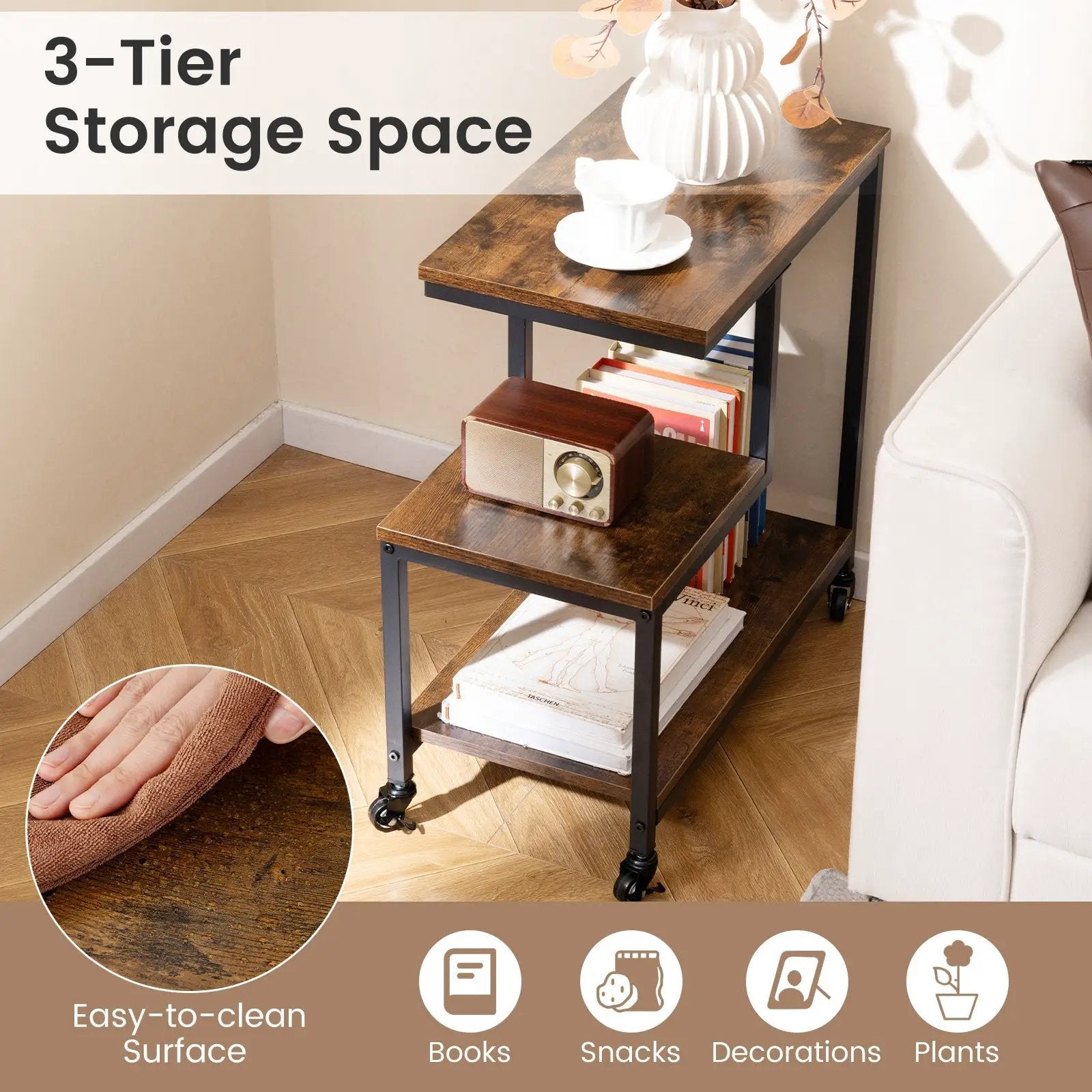 G-shaped Side Table 3-Tier Mobile End Table with Open Shelves by DirectDeals
