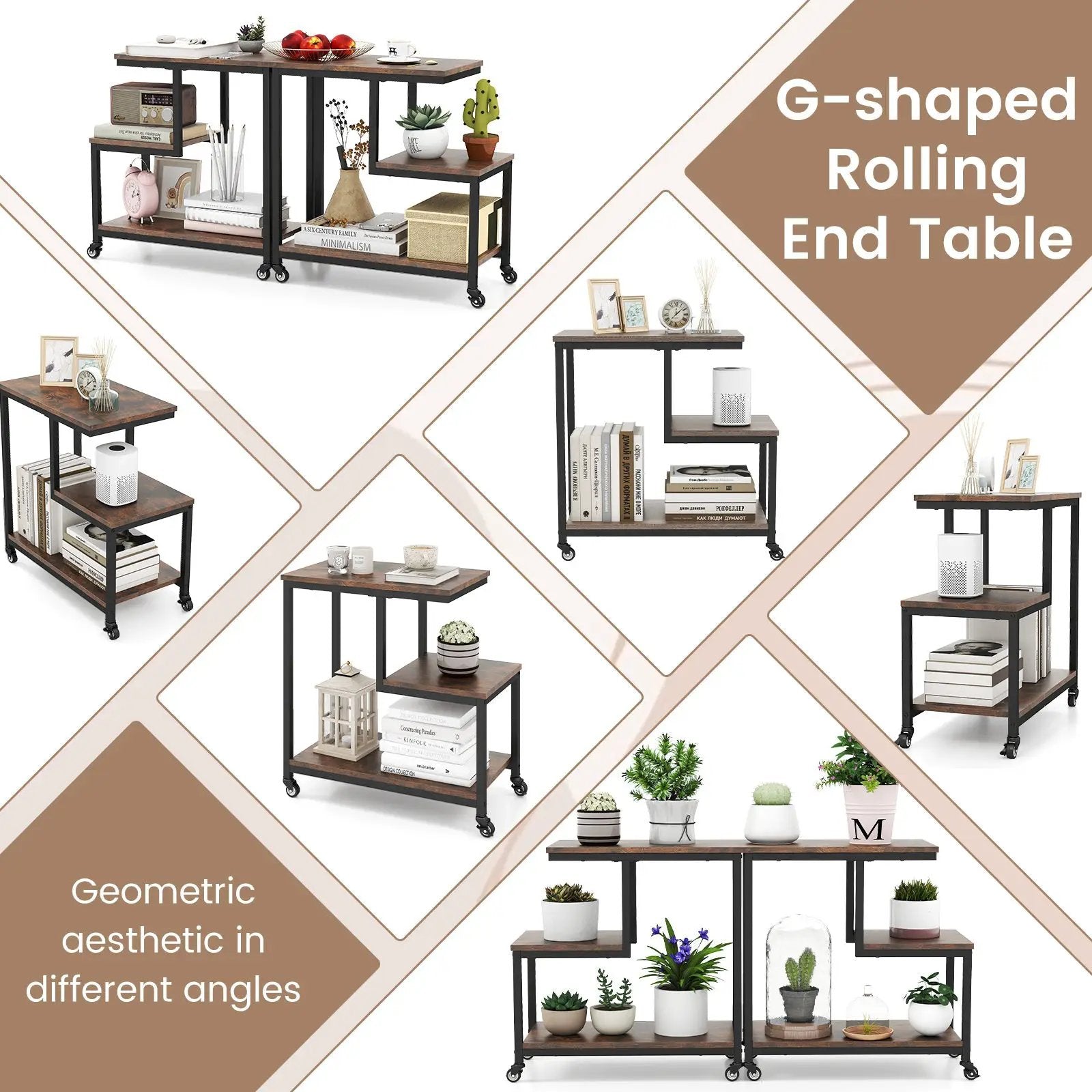 G-shaped Side Table 3-Tier Mobile End Table with Open Shelves by DirectDeals