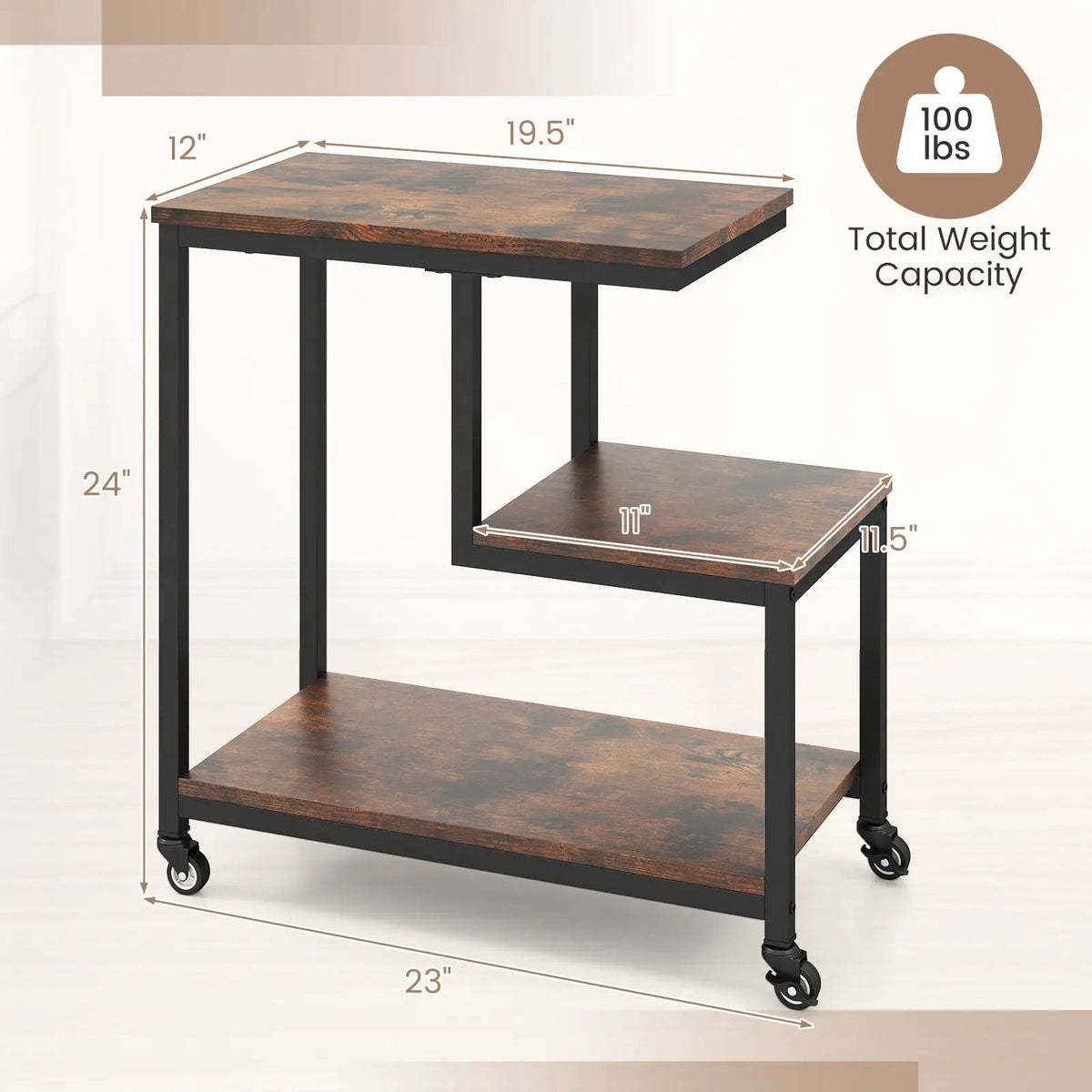 G-shaped Side Table 3-Tier Mobile End Table with Open Shelves by DirectDeals