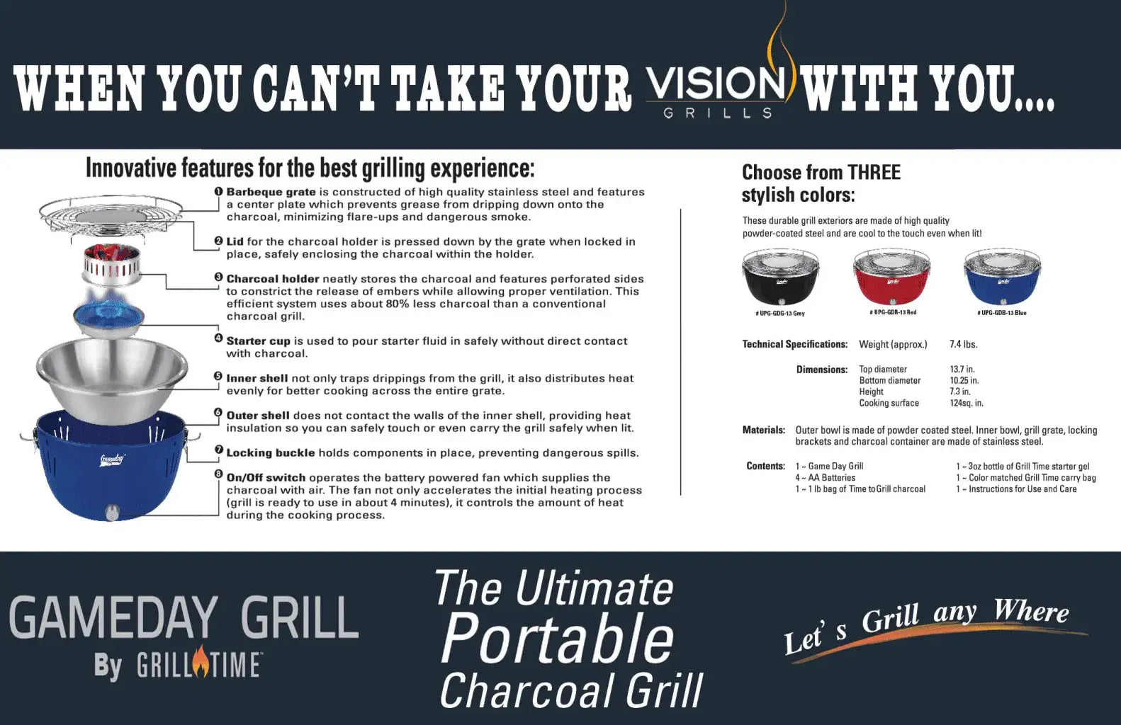 Grill Time Tailgater GTX Portable Charcoal Grill with Glass Hood Perfect for Camping Accessories by Outdoor Solar Outlet