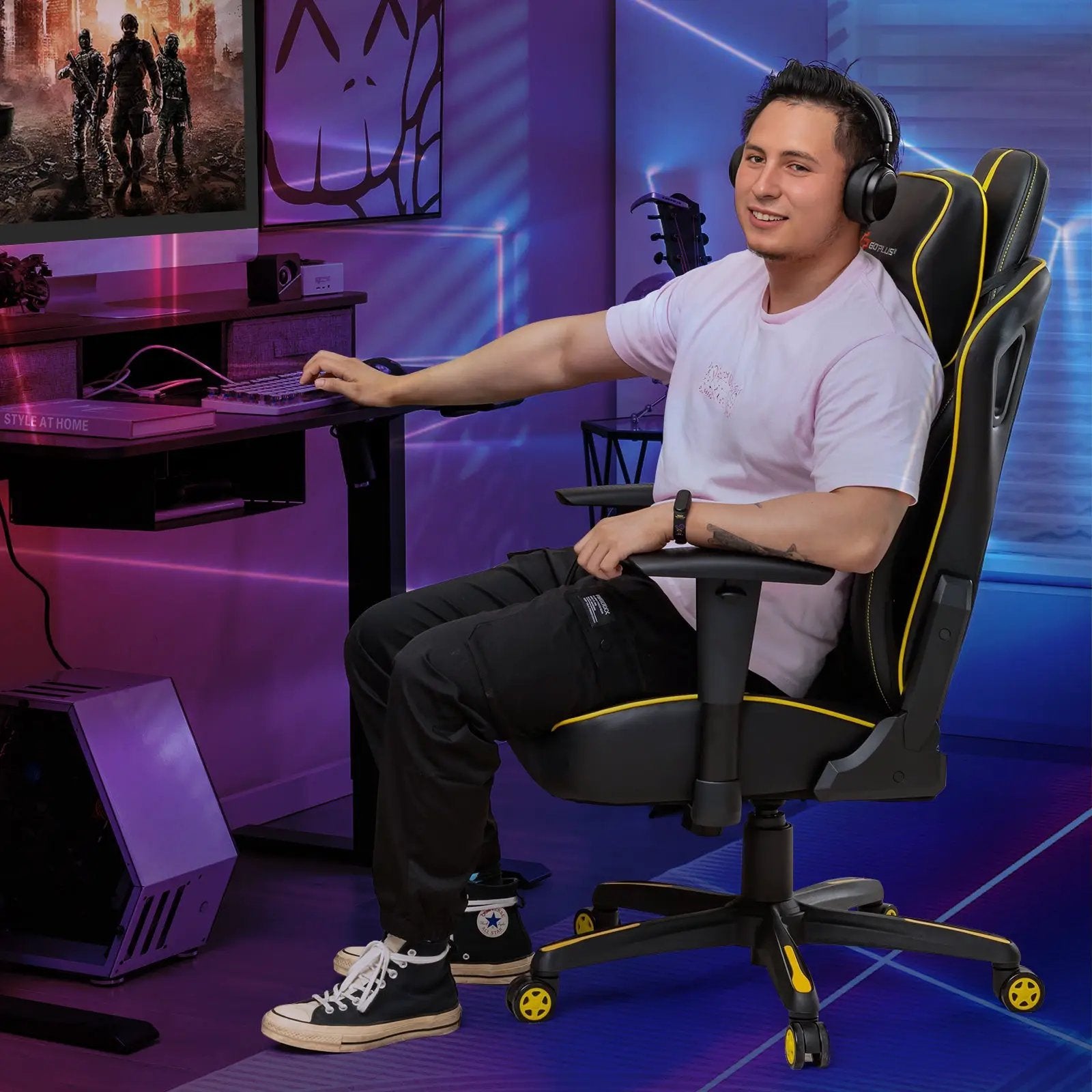 Ergonomic Gaming Chair with Adjustable Height and Reclining Backrest-Yellow by DirectDeals