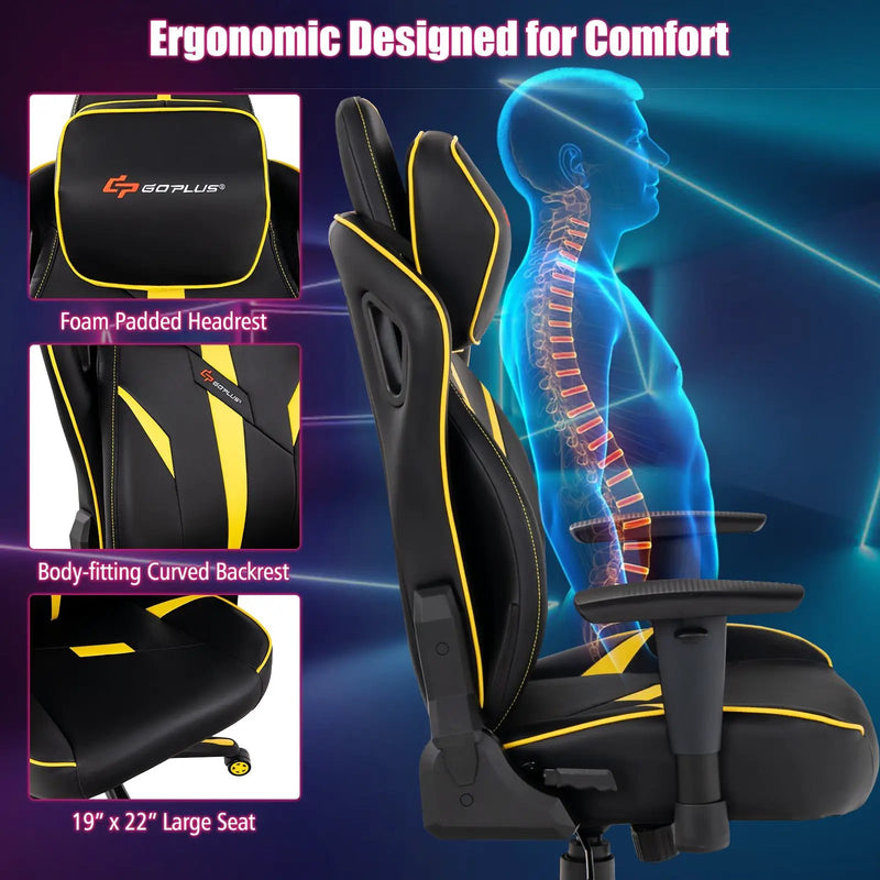 Ergonomic Gaming Chair with Adjustable Height and Reclining Backrest-Yellow by DirectDeals