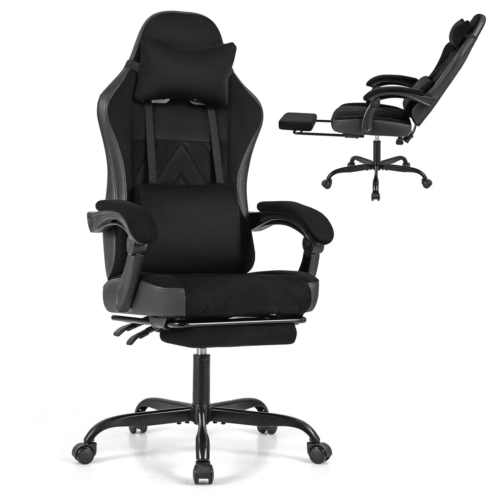 Gaming Chair Height Adjustable Computer Chair with Headrest Lumbar Support Linkage Armrests-Black by DirectDeals