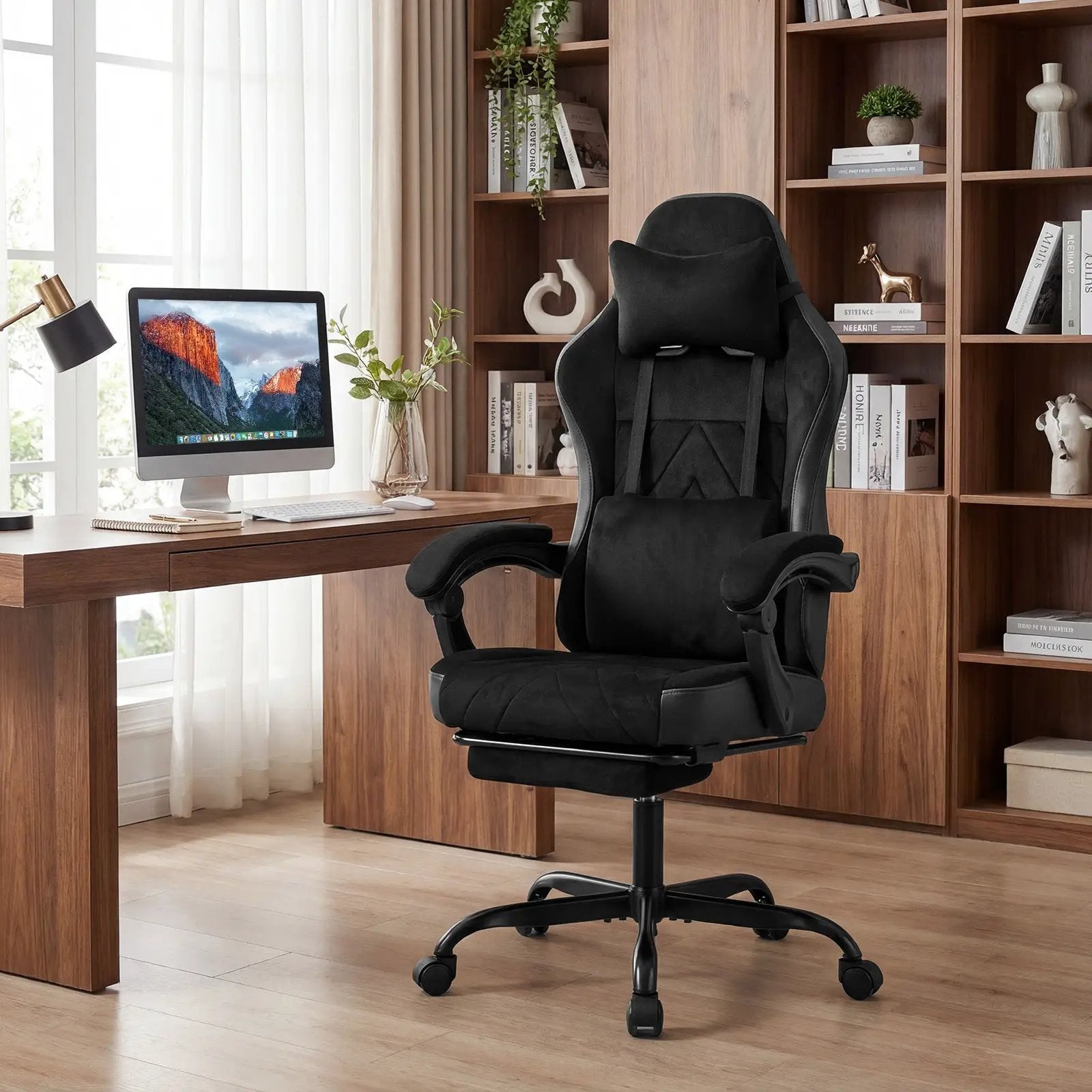 Gaming Chair Height Adjustable Computer Chair with Headrest Lumbar Support Linkage Armrests-Black by DirectDeals