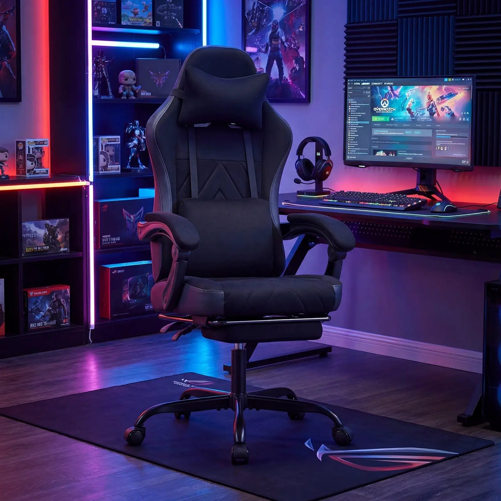Gaming Chair Height Adjustable Computer Chair with Headrest Lumbar Support Linkage Armrests-Black by DirectDeals