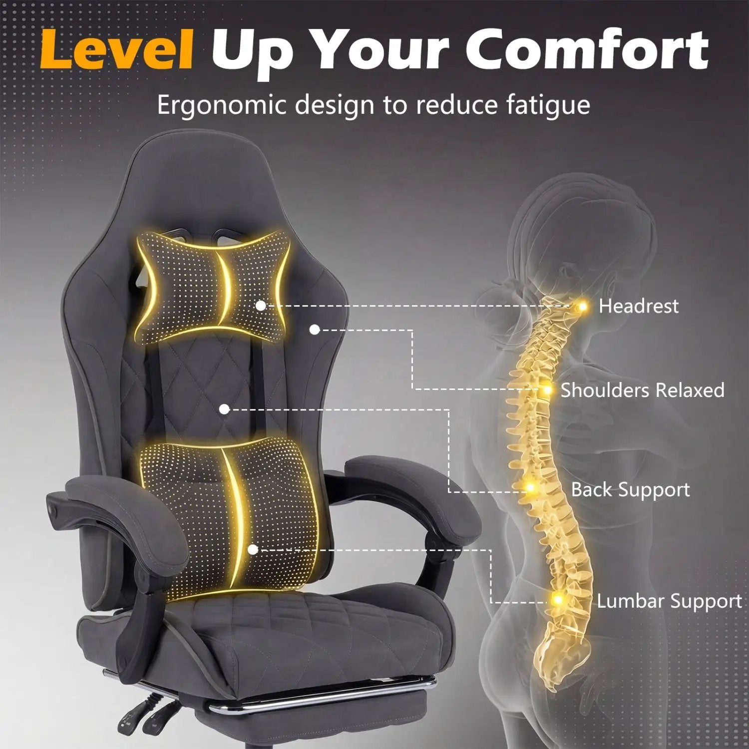 Gaming Chair Height Adjustable Computer Chair with Headrest and Lumbar Support-Gray by DirectDeals