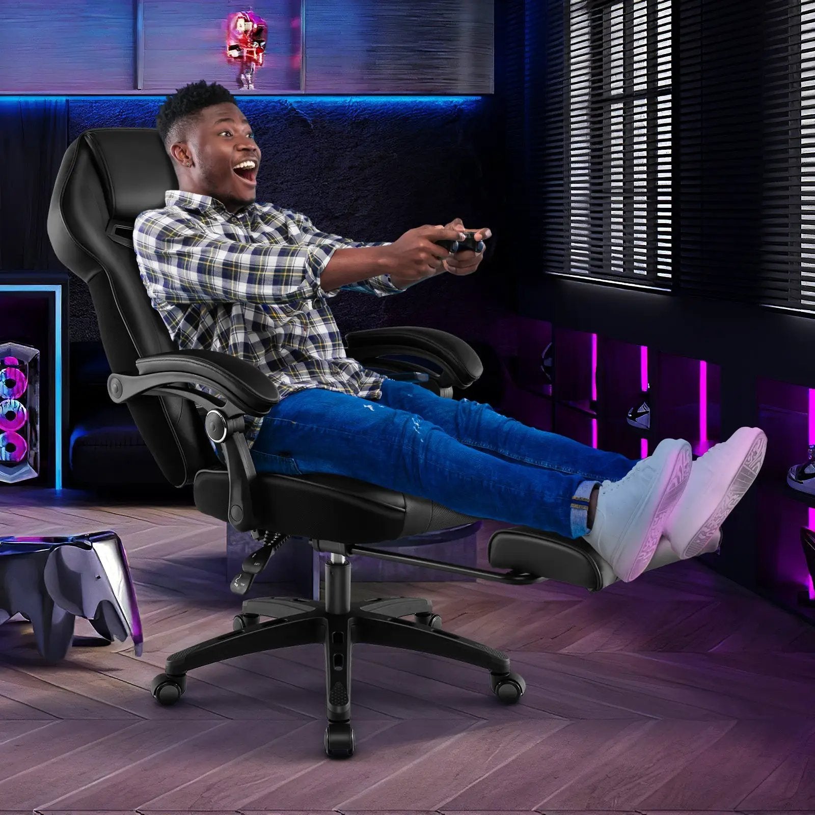 Gaming Chair Racing Style Swivel Chair with Footrest and Adjustable Lumbar Pillow by DirectDeals