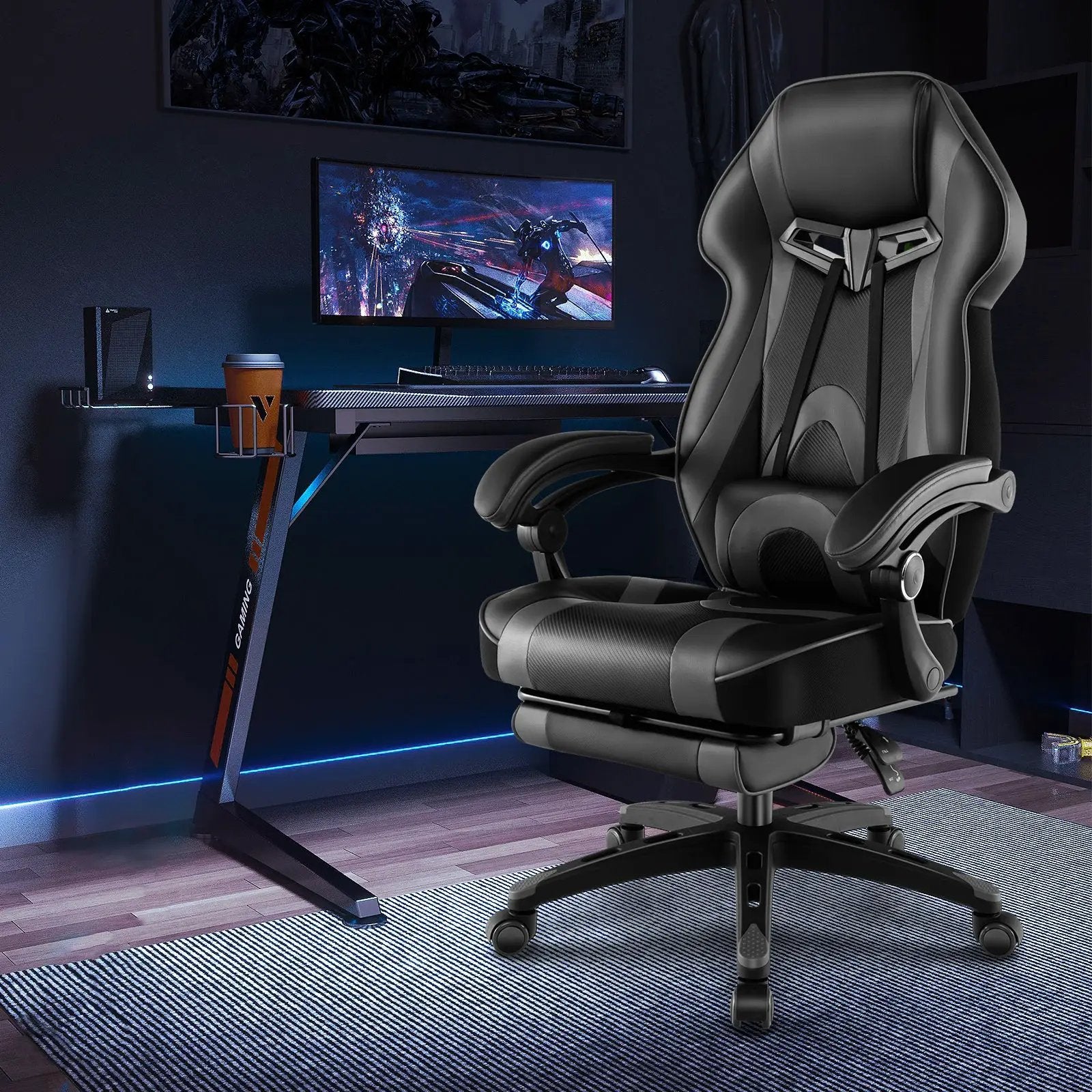 Gaming Chair Racing Style Swivel Chair with Footrest and Adjustable Lumbar Pillow by DirectDeals