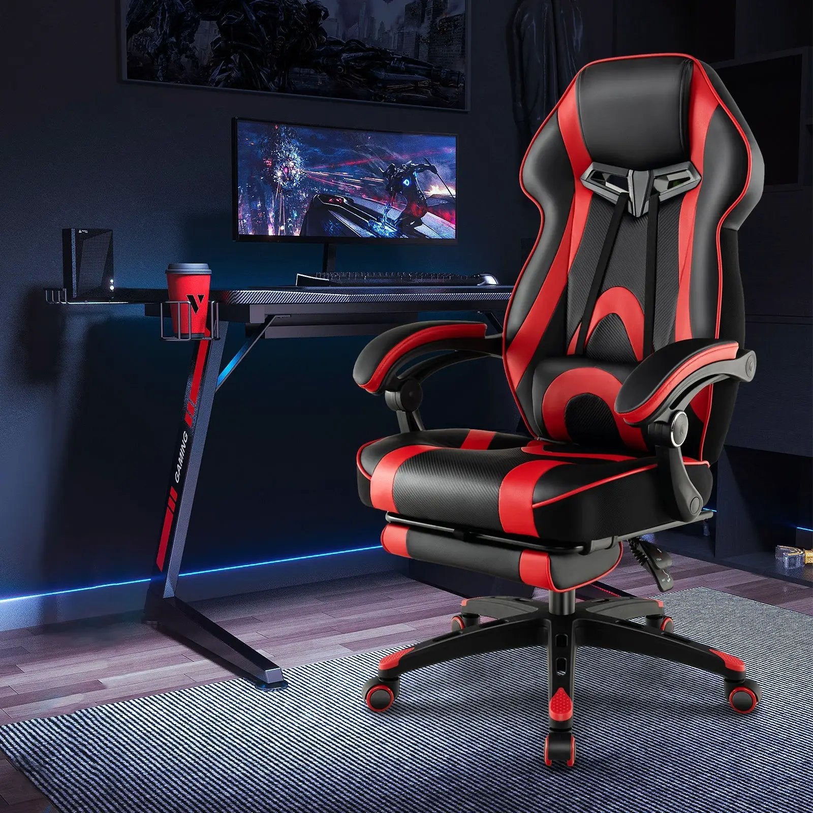 Gaming Chair Racing Style Swivel Chair with Footrest and Adjustable Lumbar Pillow by DirectDeals