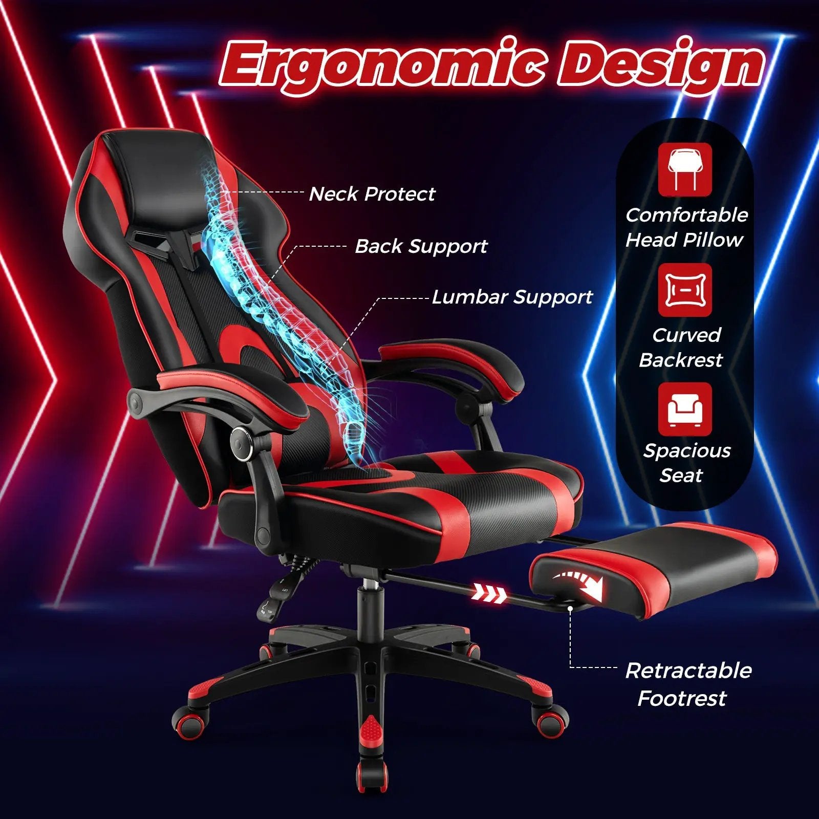 Gaming Chair Racing Style Swivel Chair with Footrest and Adjustable Lumbar Pillow by DirectDeals