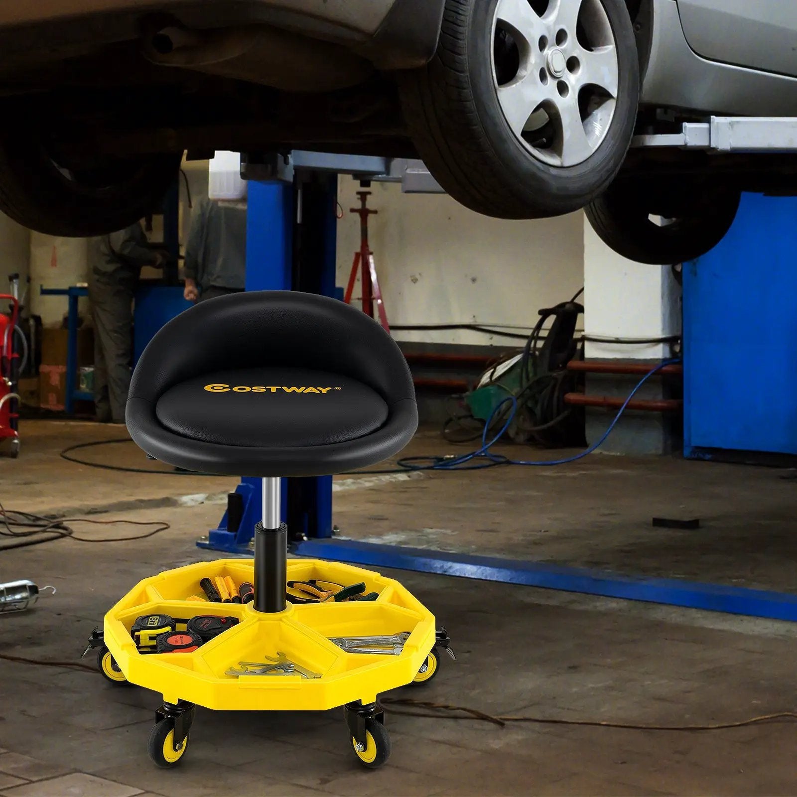 20 Inch-25 Inch Height Adjustable Rolling Garage Stool with Tool Tray Storage-Yellow by DirectDeals