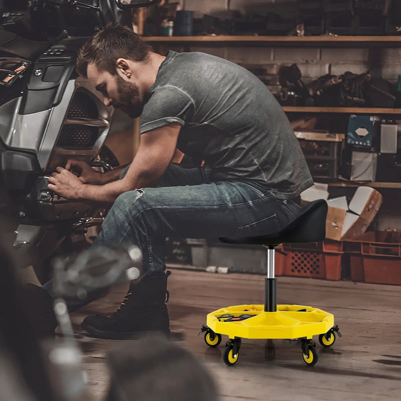 20 Inch-25 Inch Height Adjustable Rolling Garage Stool with Tool Tray Storage-Yellow by DirectDeals