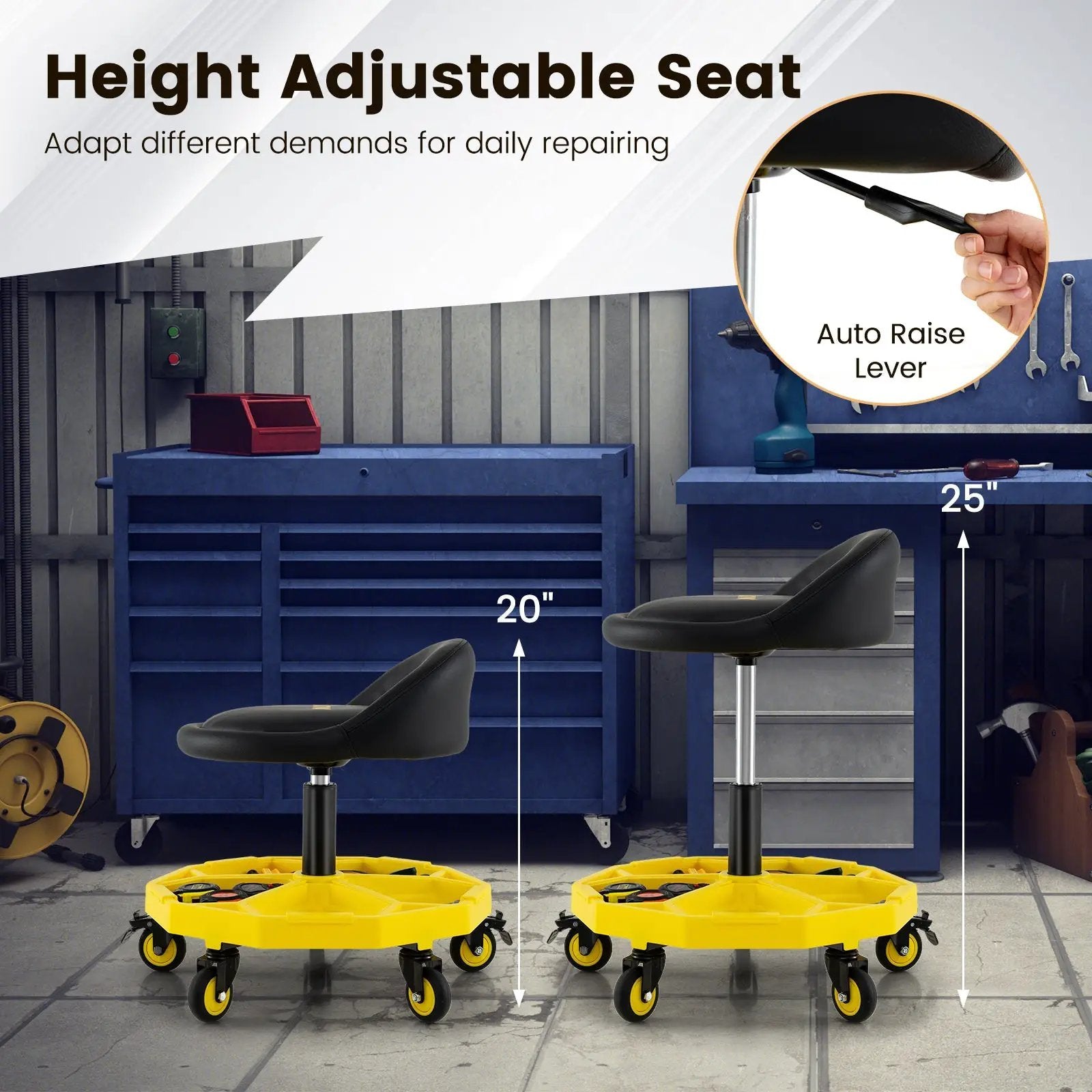 20 Inch-25 Inch Height Adjustable Rolling Garage Stool with Tool Tray Storage-Yellow by DirectDeals
