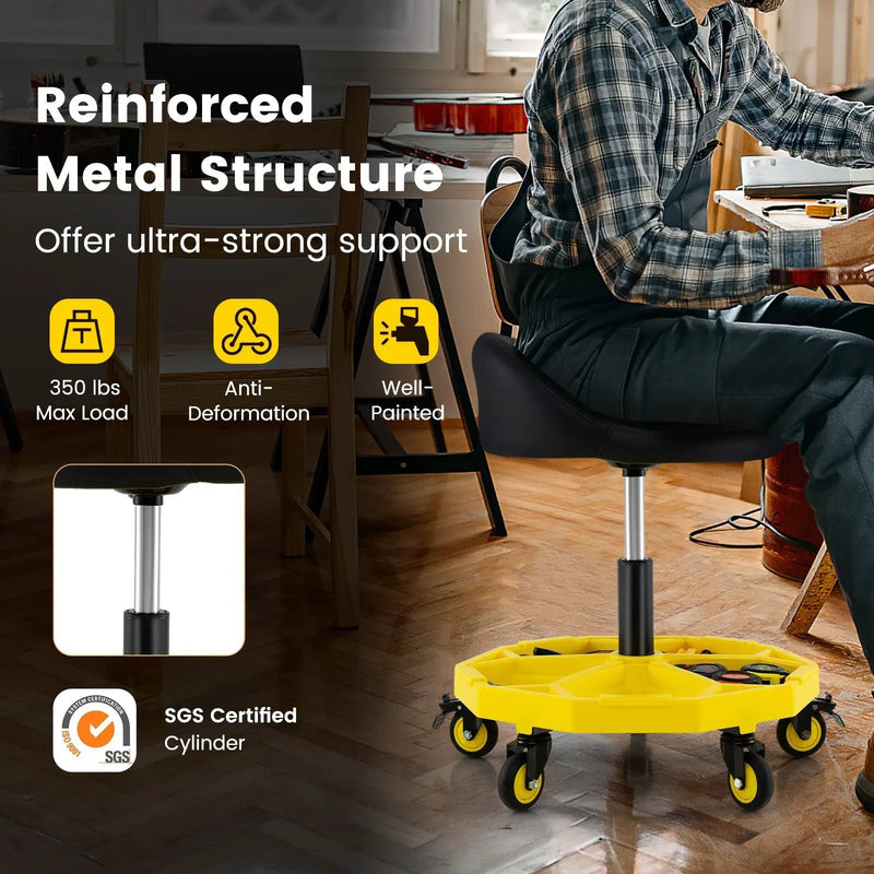 20 Inch-25 Inch Height Adjustable Rolling Garage Stool with Tool Tray Storage-Yellow by DirectDeals