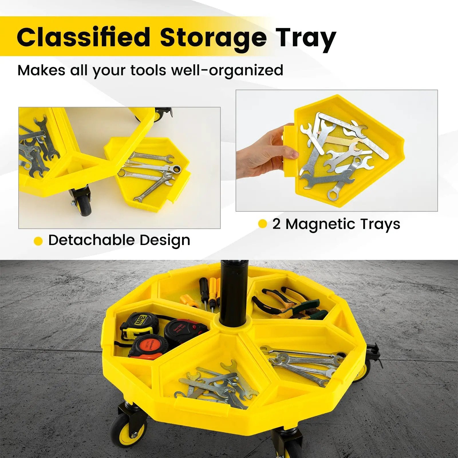 20 Inch-25 Inch Height Adjustable Rolling Garage Stool with Tool Tray Storage-Yellow by DirectDeals