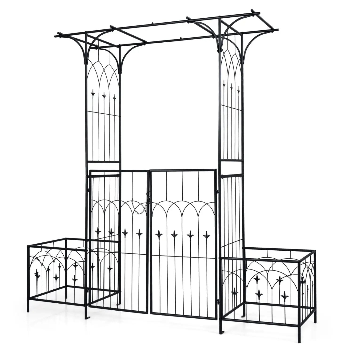 Garden Arbor with Gate and Planter Boxes Heavy Duty Metal Arch with Side Trellis by DirectDeals