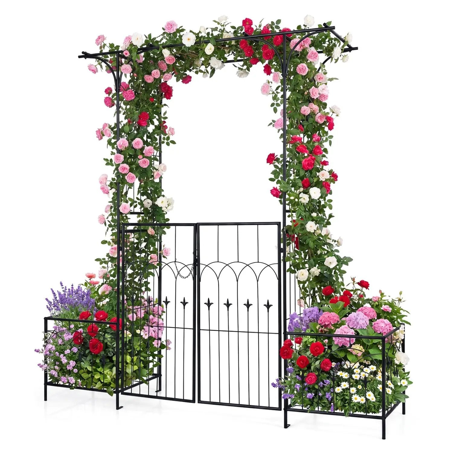 Garden Arbor with Gate and Planter Boxes Heavy Duty Metal Arch with Side Trellis by DirectDeals