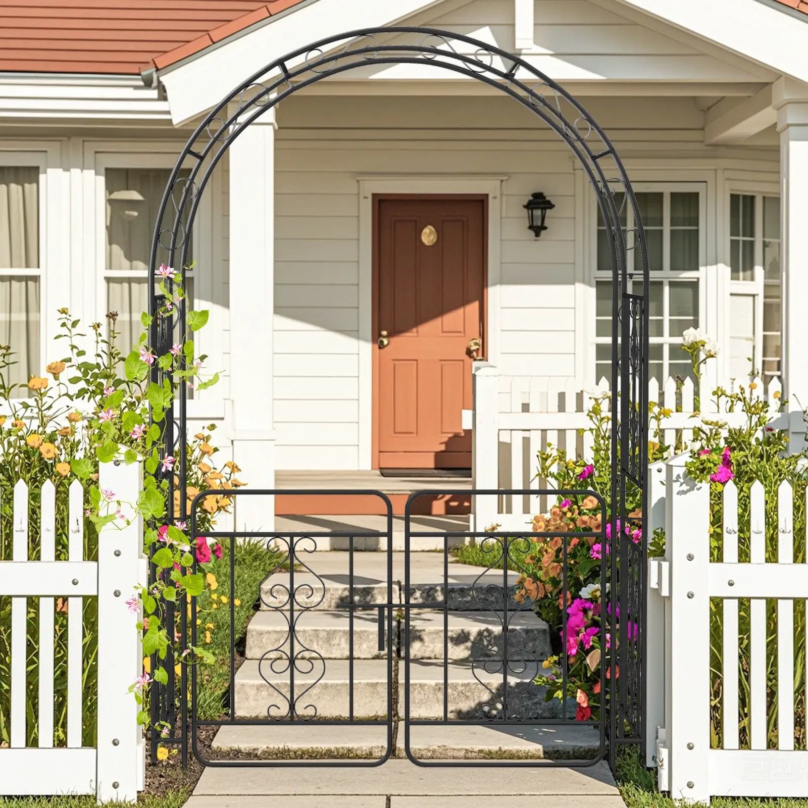 Garden Arbor with Gate with Multiple Side Crossbars and 4 Sharp Ground Stakes-Black by DirectDeals