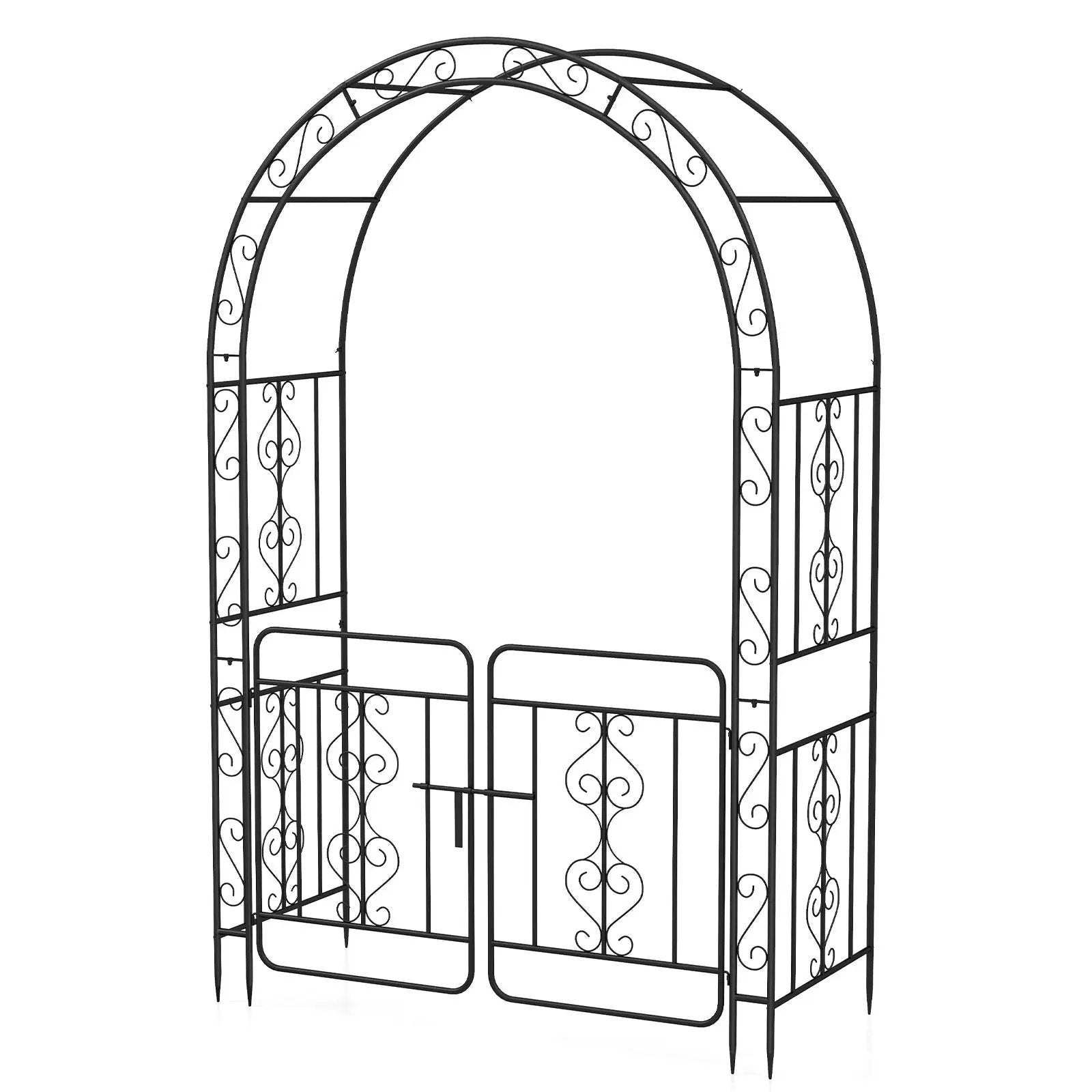 Garden Arbor with Gate with Multiple Side Crossbars and 4 Sharp Ground Stakes-Black by DirectDeals