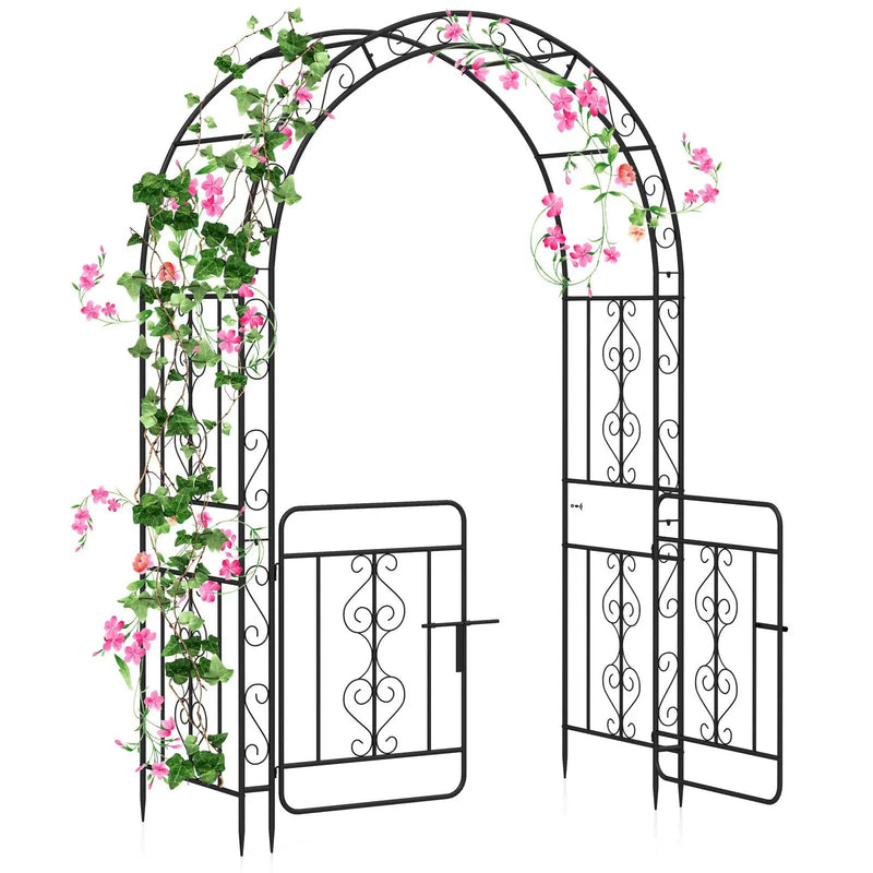 Garden Arbor with Gate with Multiple Side Crossbars and 4 Sharp Ground Stakes-Black by DirectDeals
