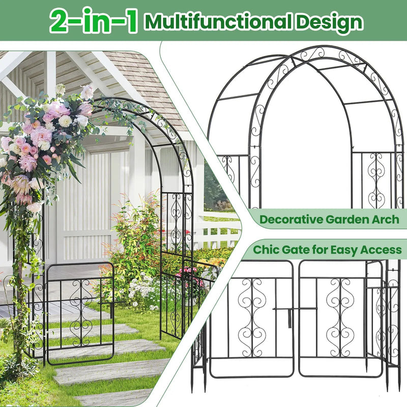 Garden Arbor with Gate with Multiple Side Crossbars and 4 Sharp Ground Stakes-Black by DirectDeals
