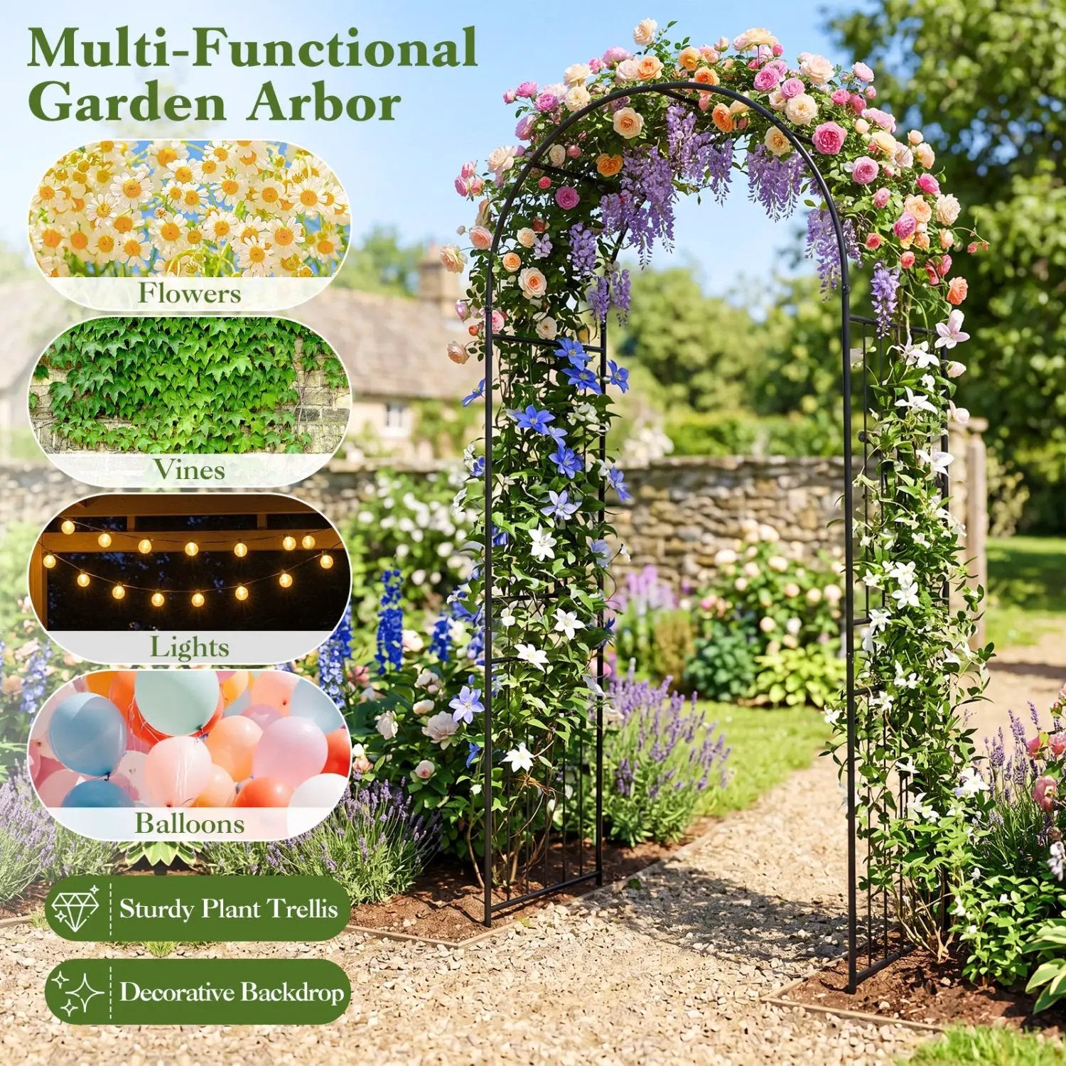 Garden Arch 87 Inches Tall Heavy Duty Metal Arbor Trellis Archway for Climbing Plants by DirectDeals