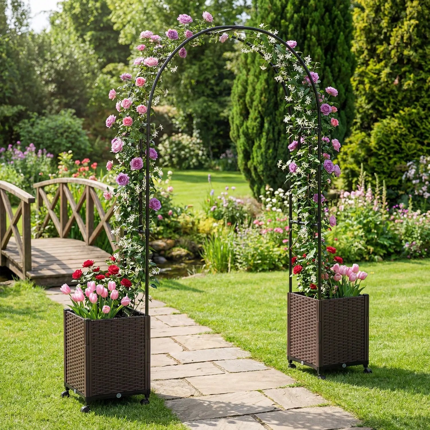 Garden Arch Trellis with 2 Self-watering Planter Boxes for Party Yard Lawn by DirectDeals