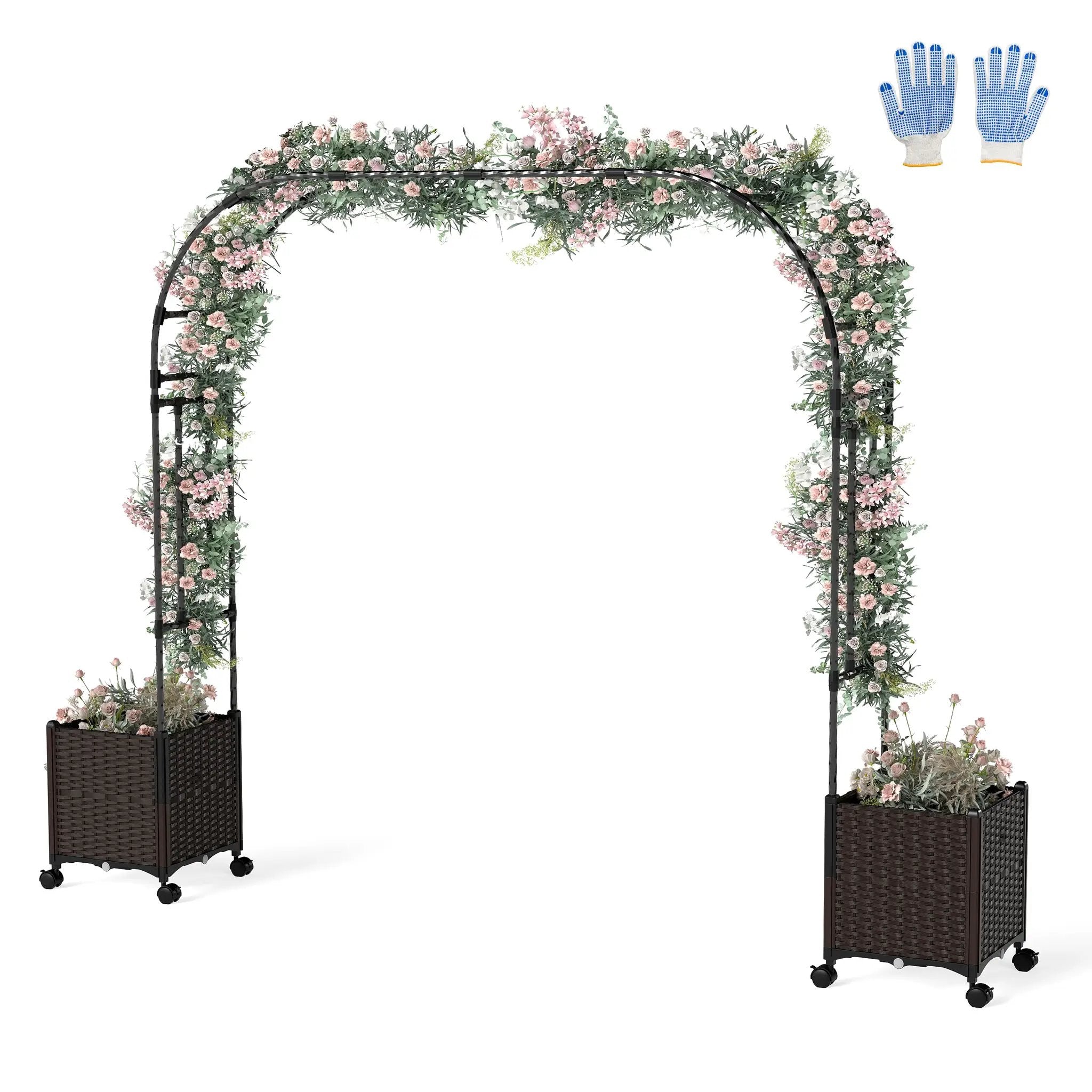 6.6 Feet Garden Arch Trellis with 2 Planter Boxes and Lockable Wheels-Black by DirectDeals