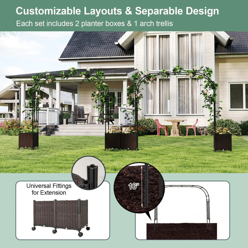 6.6 Feet Garden Arch Trellis with 2 Planter Boxes and Lockable Wheels-Black by DirectDeals